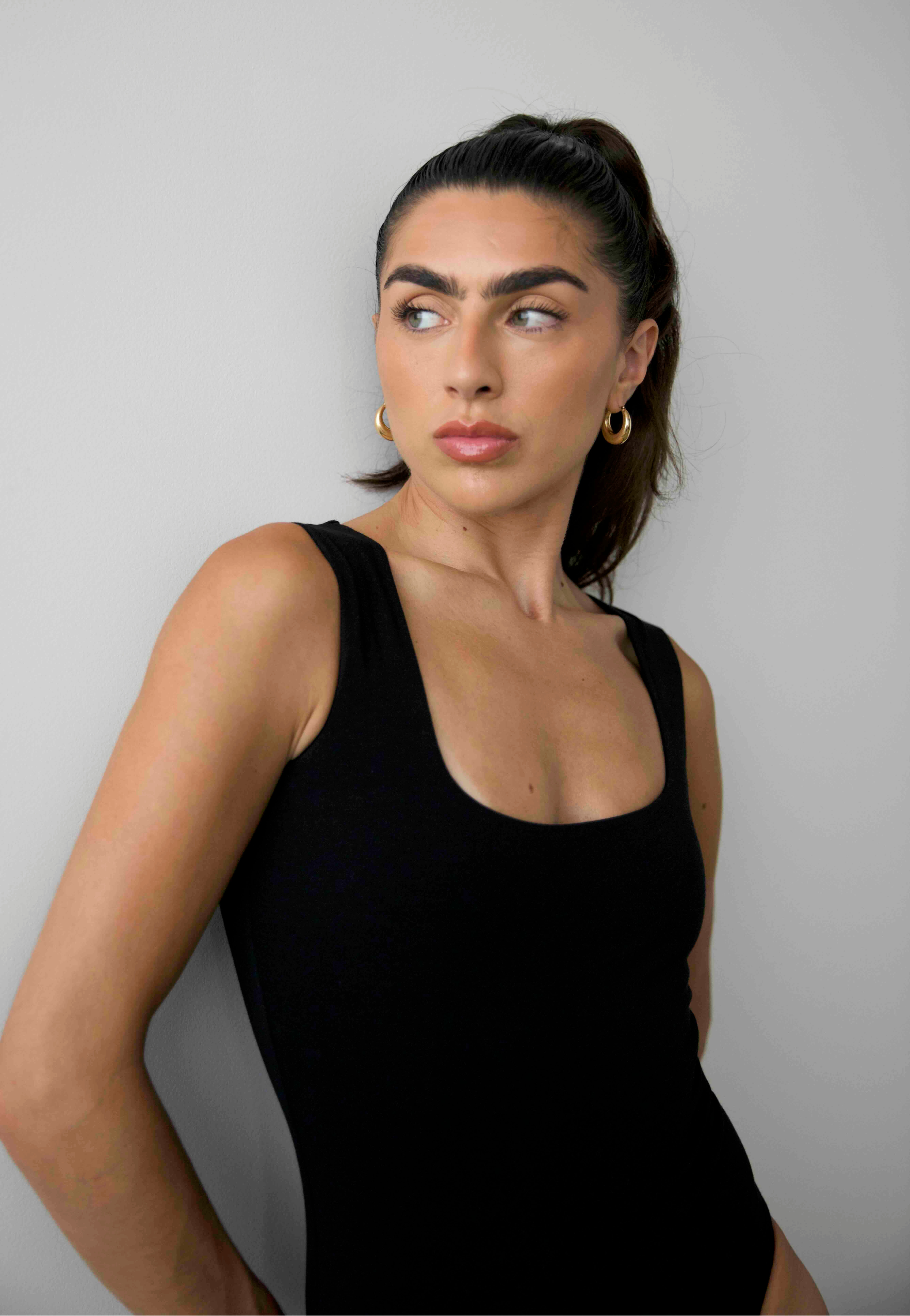 Square Neck Sleeveless bodysuit, Black, Front 