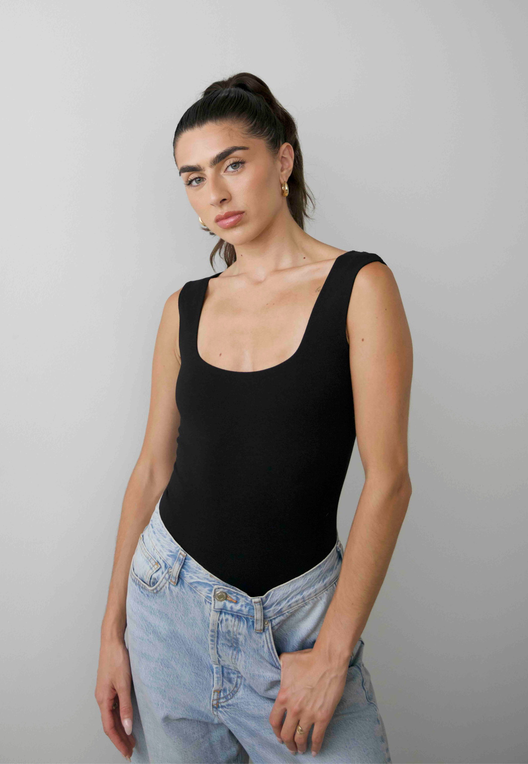 Square Neck Sleeveless bodysuit, Black, Front 