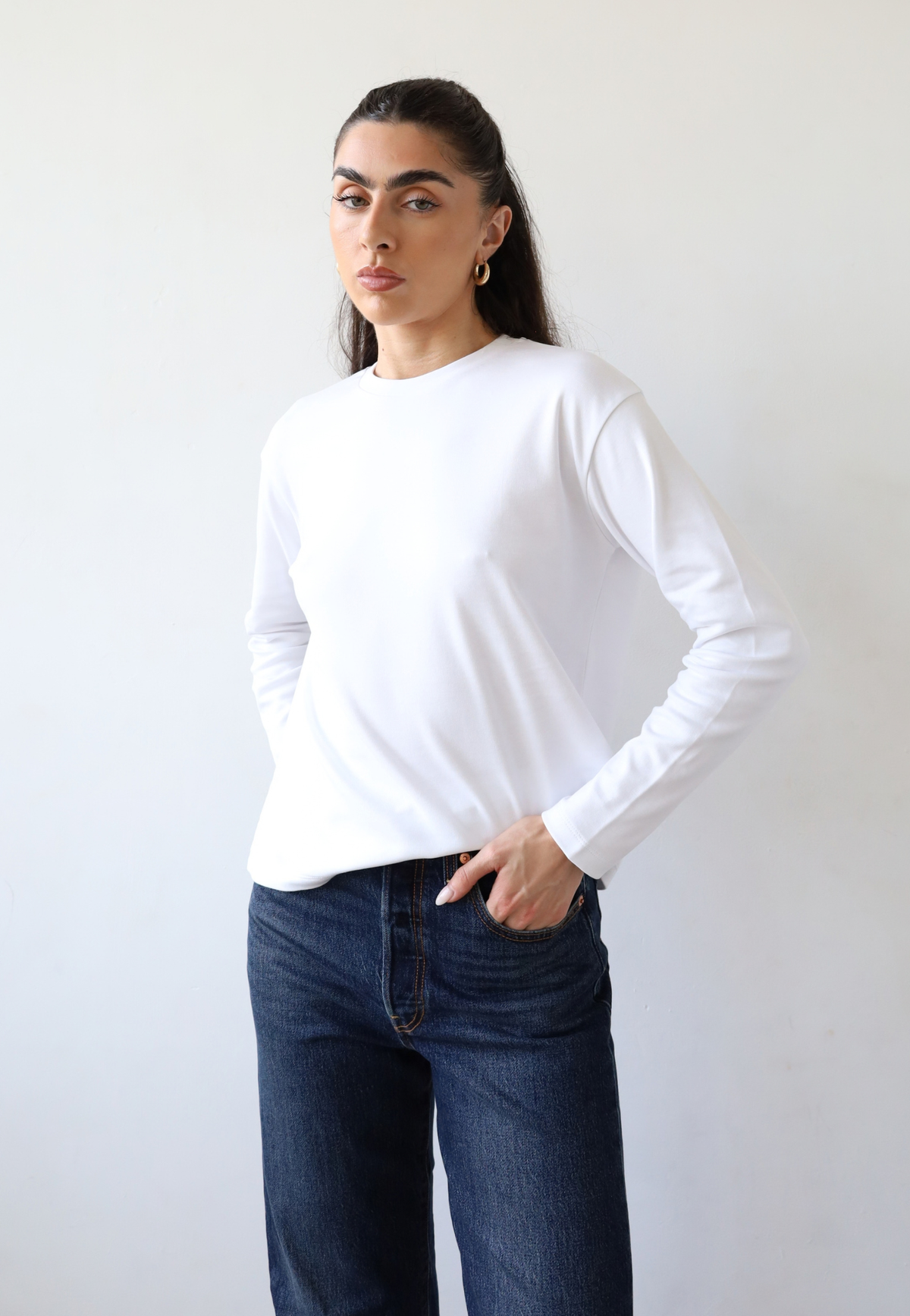 organic cotton long sleeve relaxed fit crew neck t-shirt, white, front