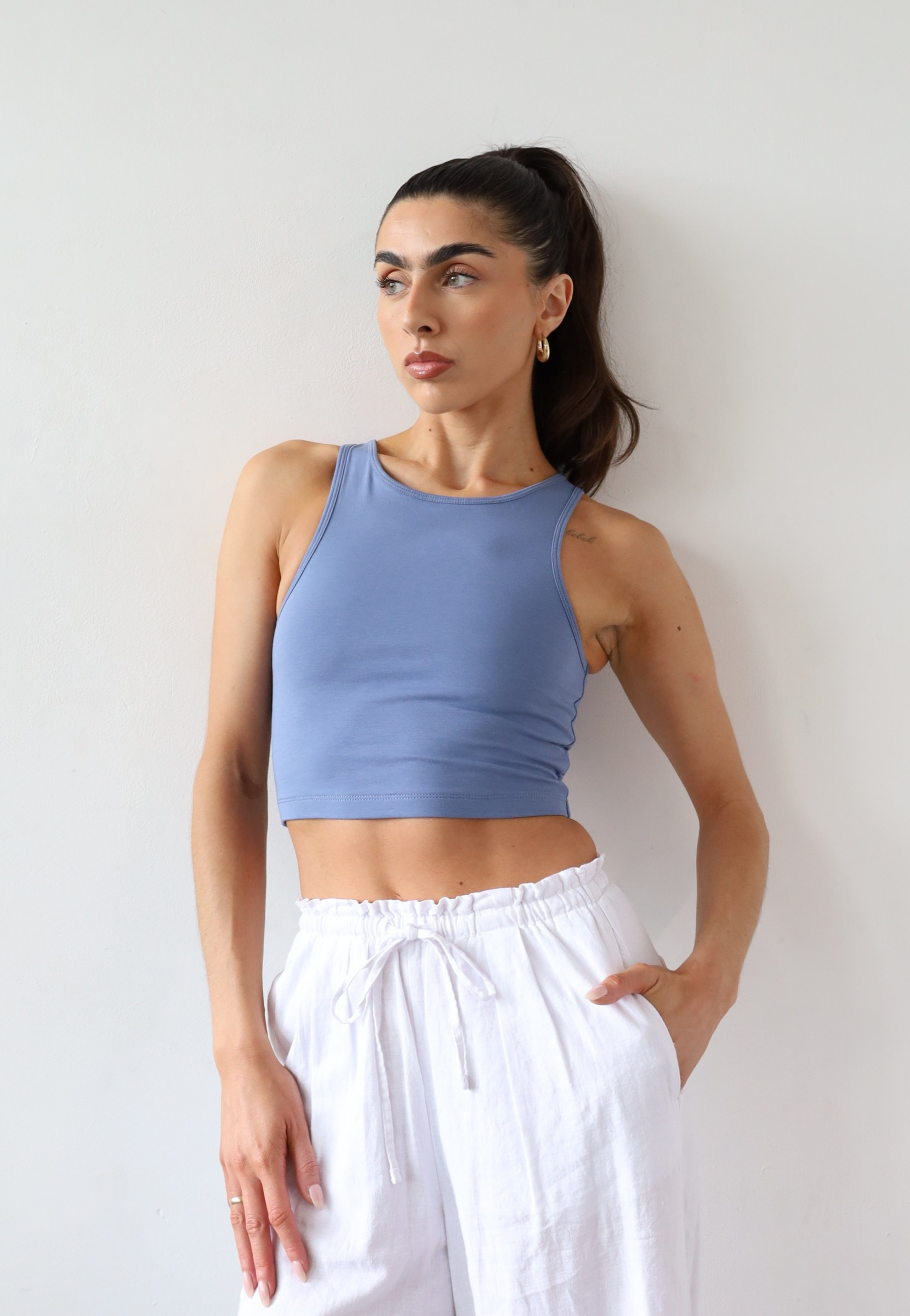 Organic cotton high neck cropped tank top, light blue