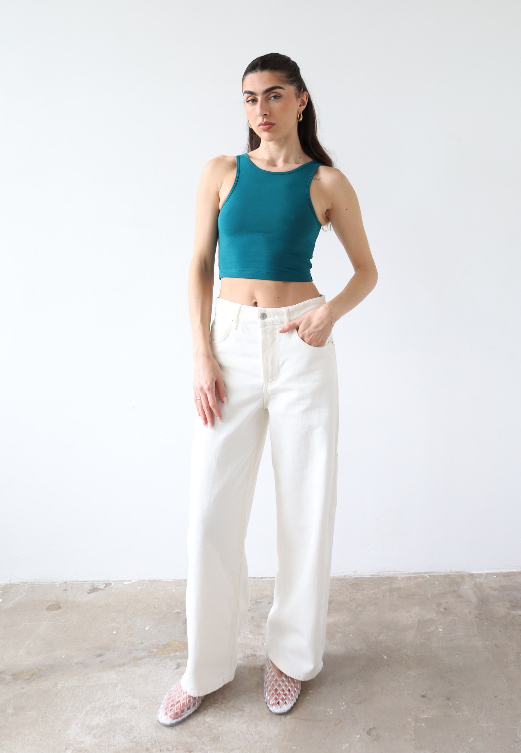 Organic cotton teal high neck tank top, front