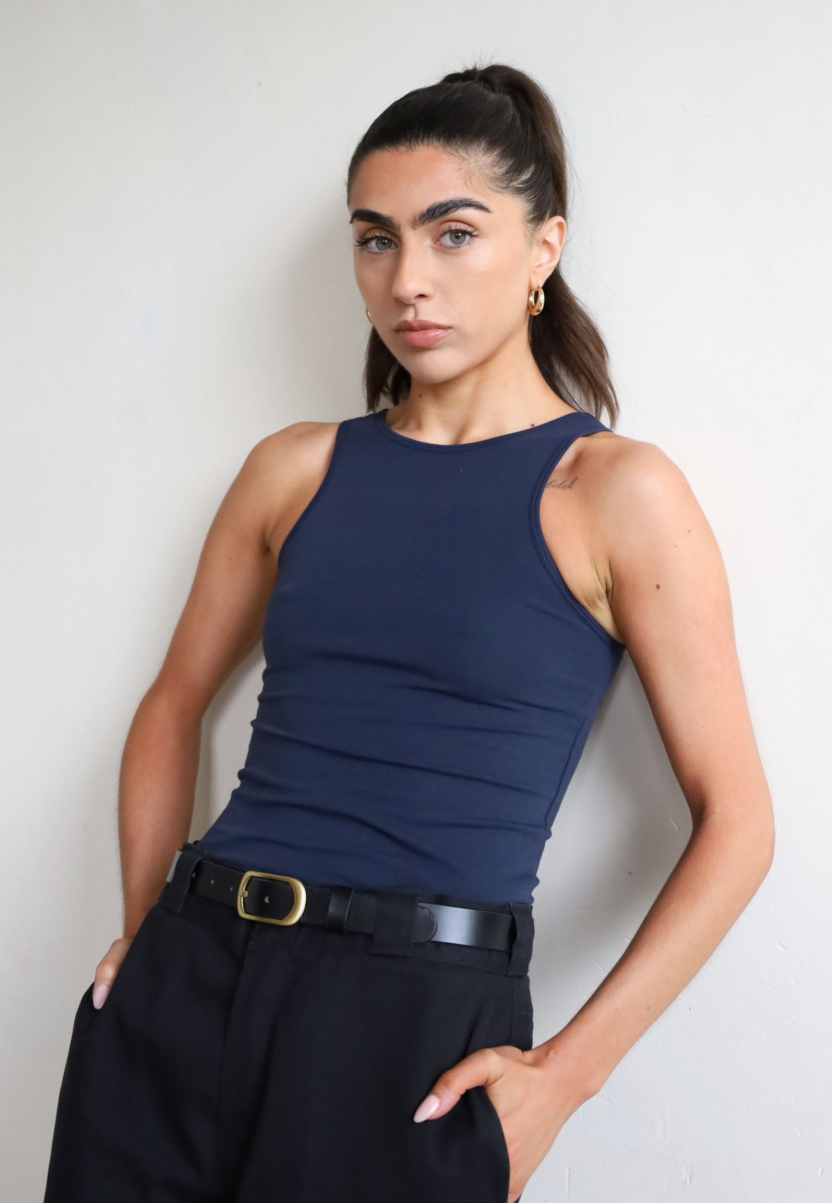 Womens organic cotton high neck tank top, Navy Blue 