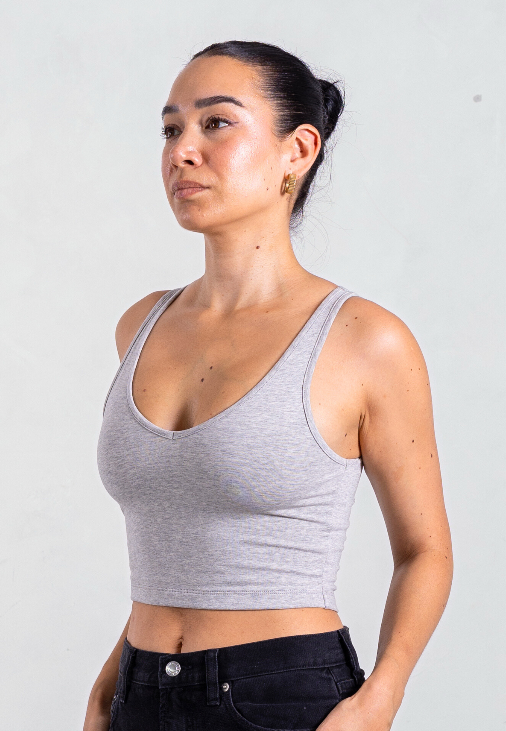 Side V-neck Cropped Tank, Grey Marl 