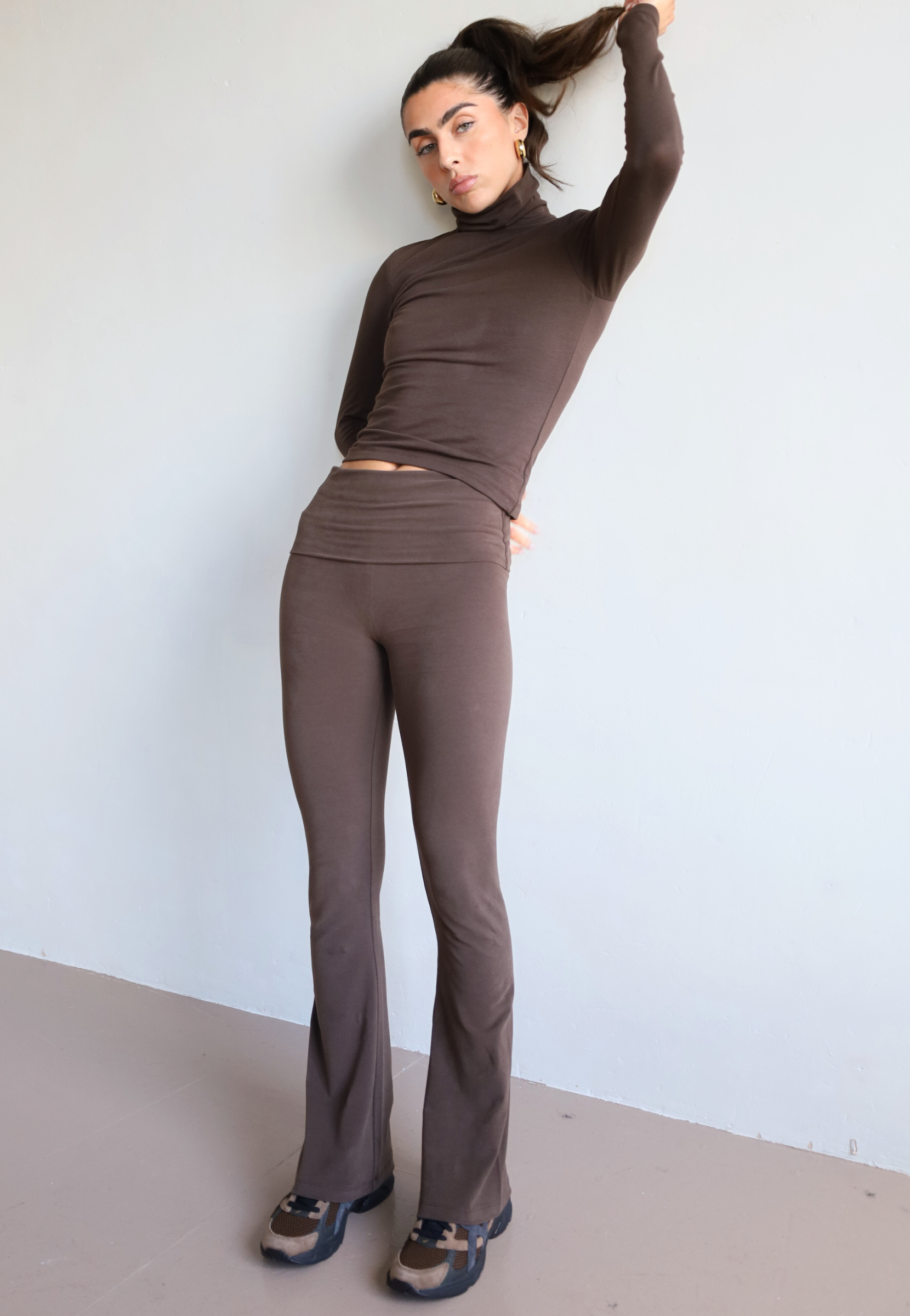 women's organic cotton brown foldover flared leggings