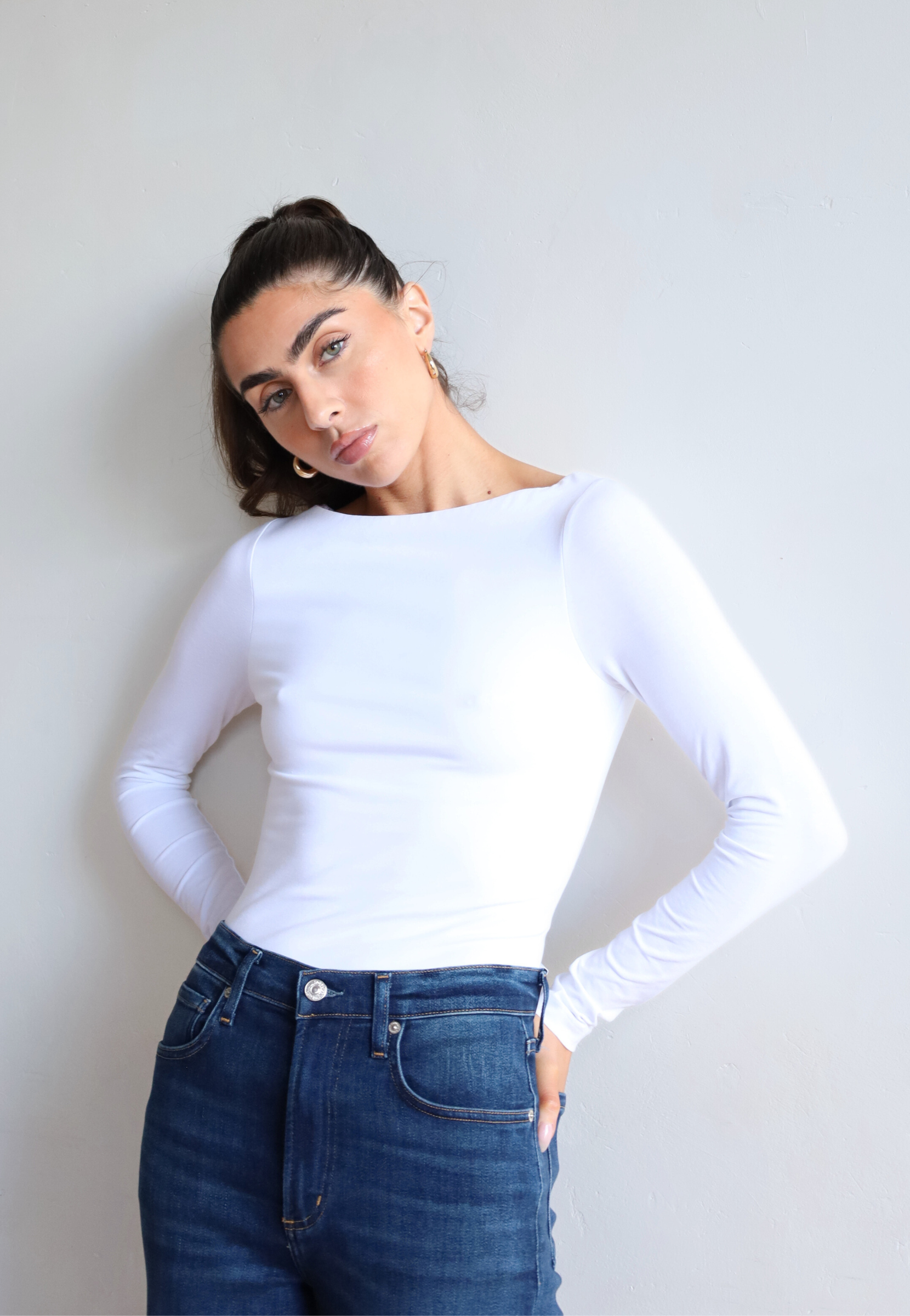 Organic Cotton long sleeve boat neck t-shirt, white - front 