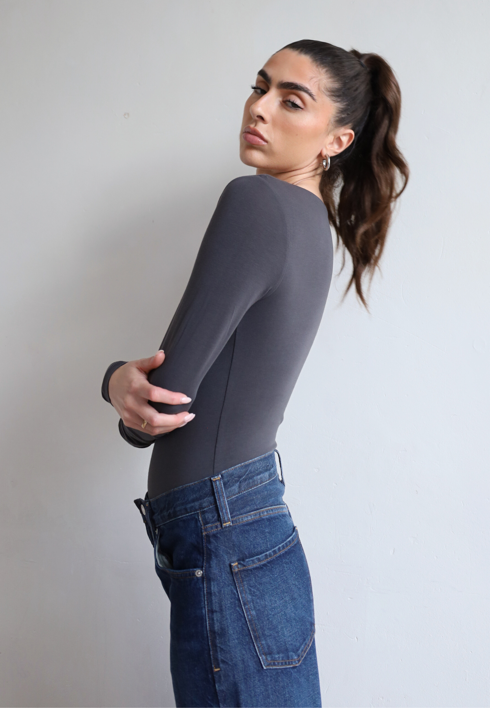 Organic Cotton Long Sleeve Bodysuit, Charcoal