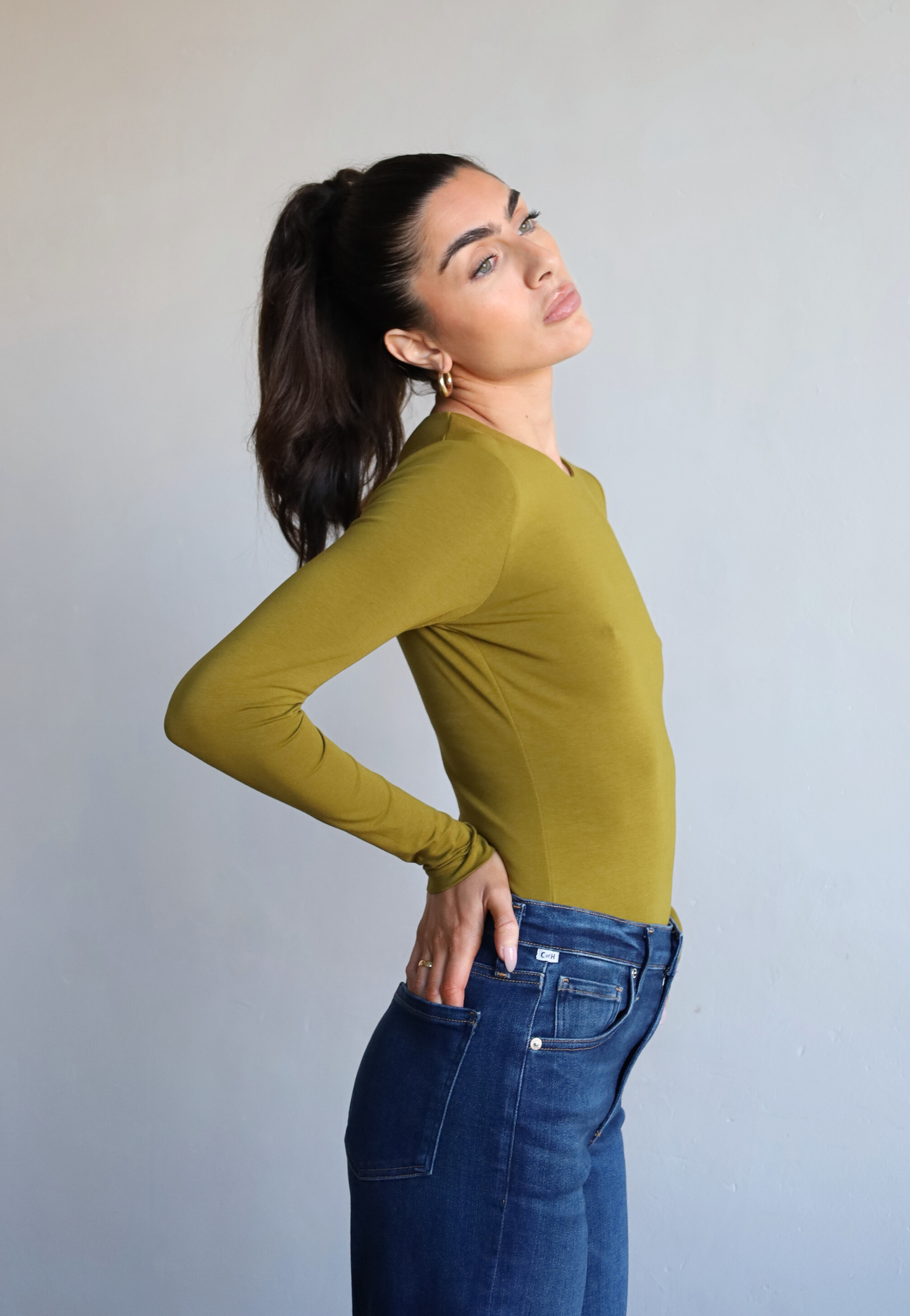 Organic cotton long sleeve crew neck bodysuit, green - side 