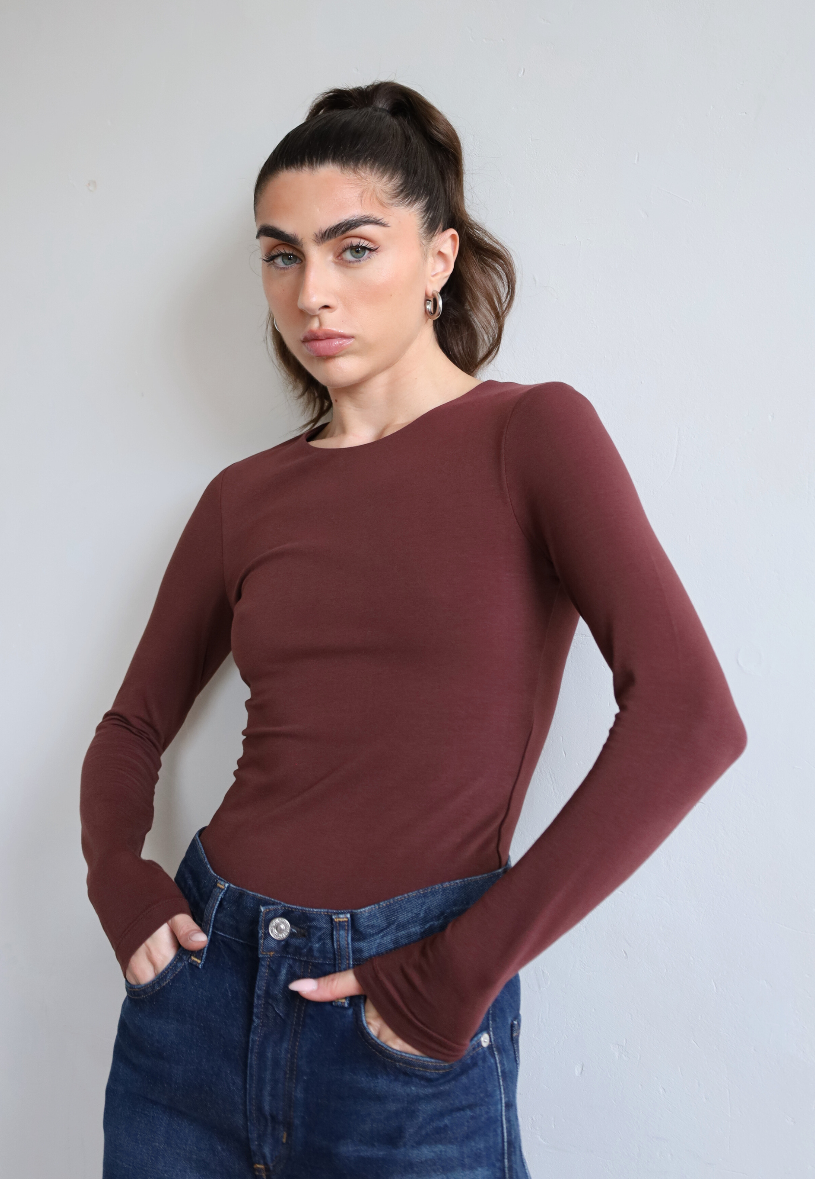 Organic Cotton red Long Sleeve Crew neck t-shirt 