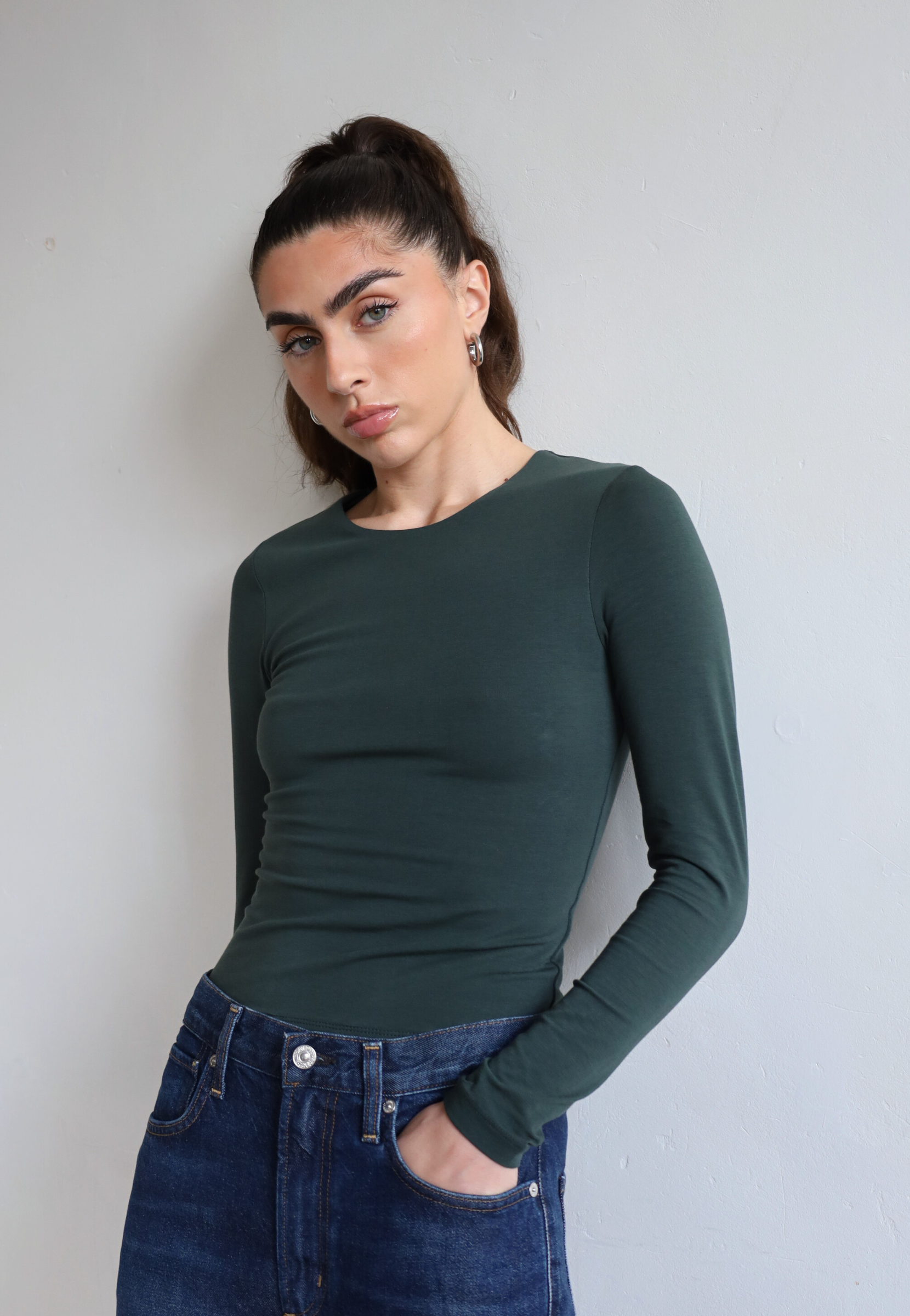 Organic Cotton Long Sleeve Crew Neck Green T-shirt