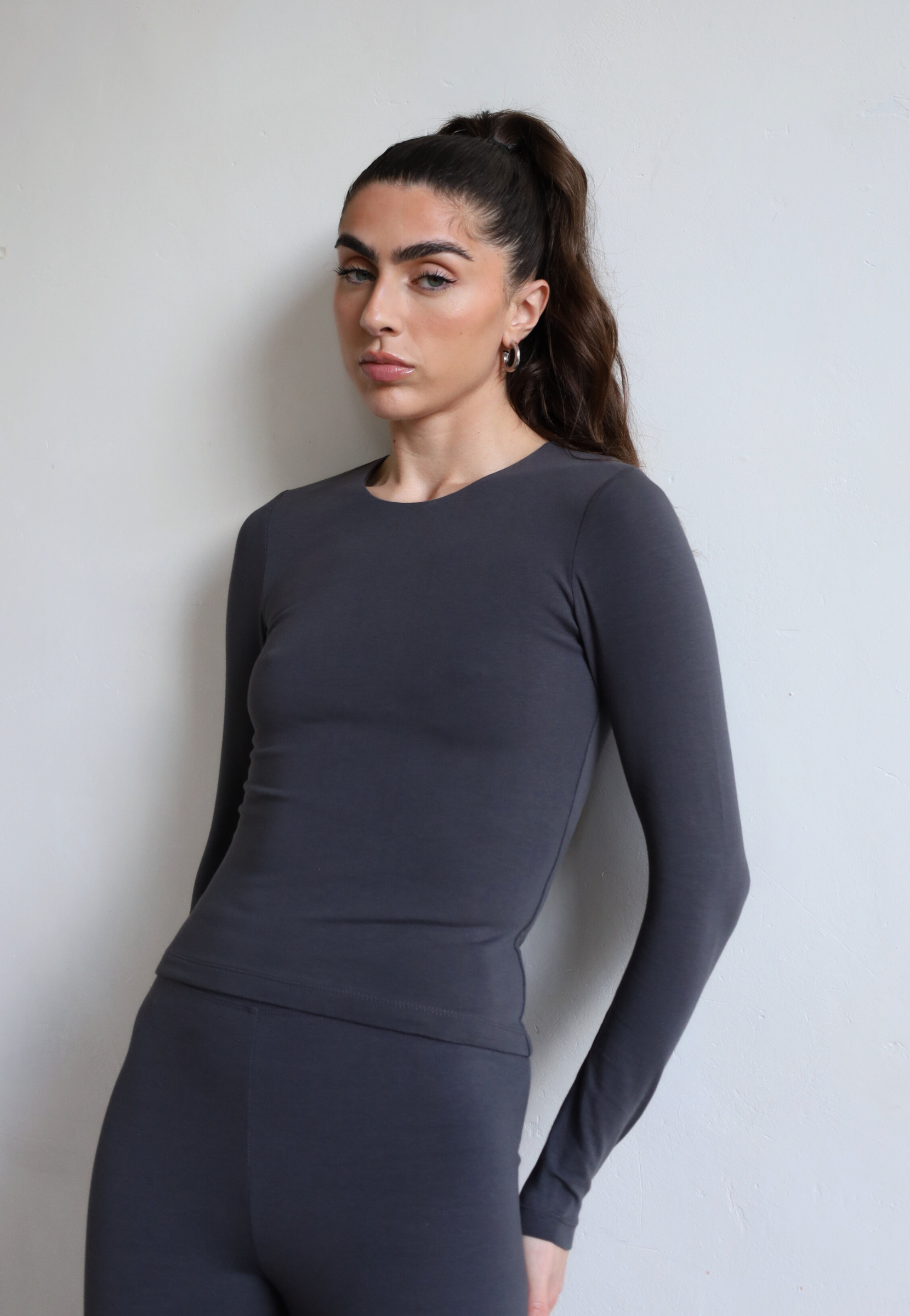 Organic Cotton Long Sleeve Crew Neck T-shirt, Charcoal