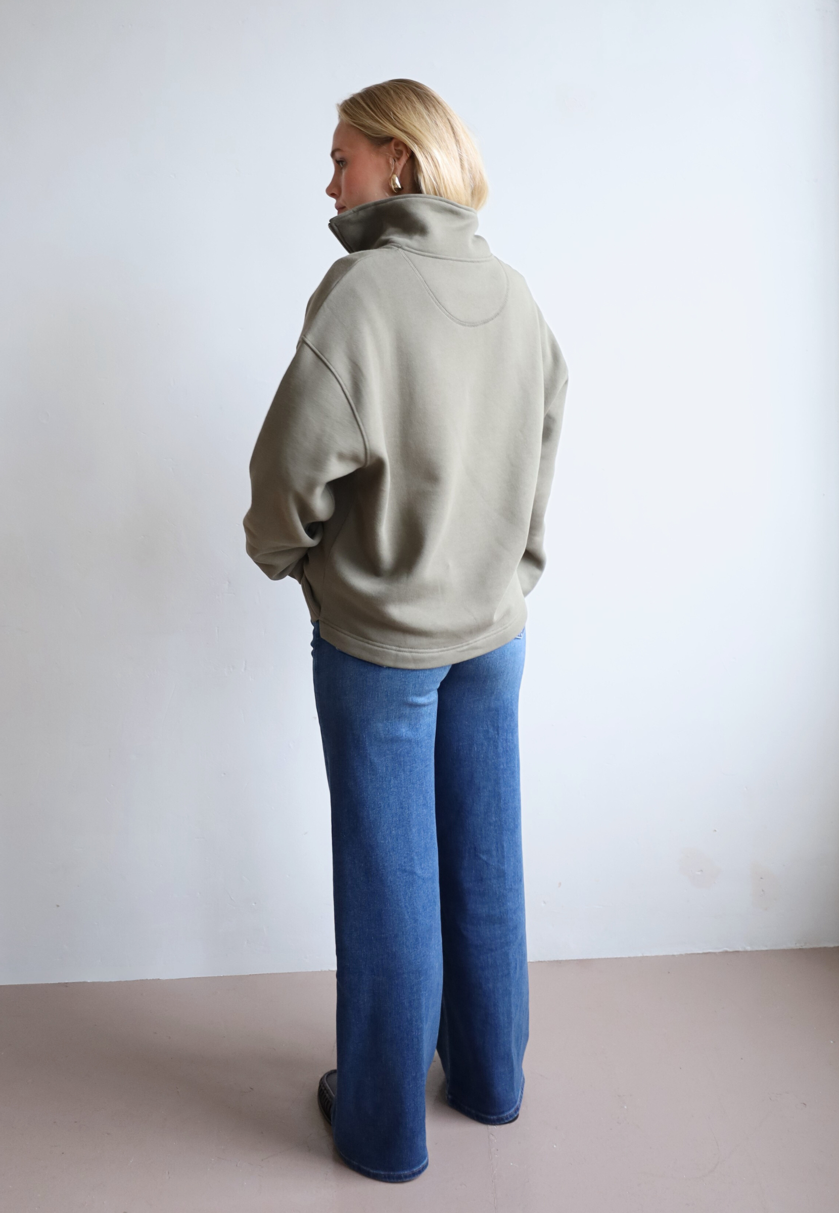 Organic cotton quarter zip sweatshirt, Olive green, back 