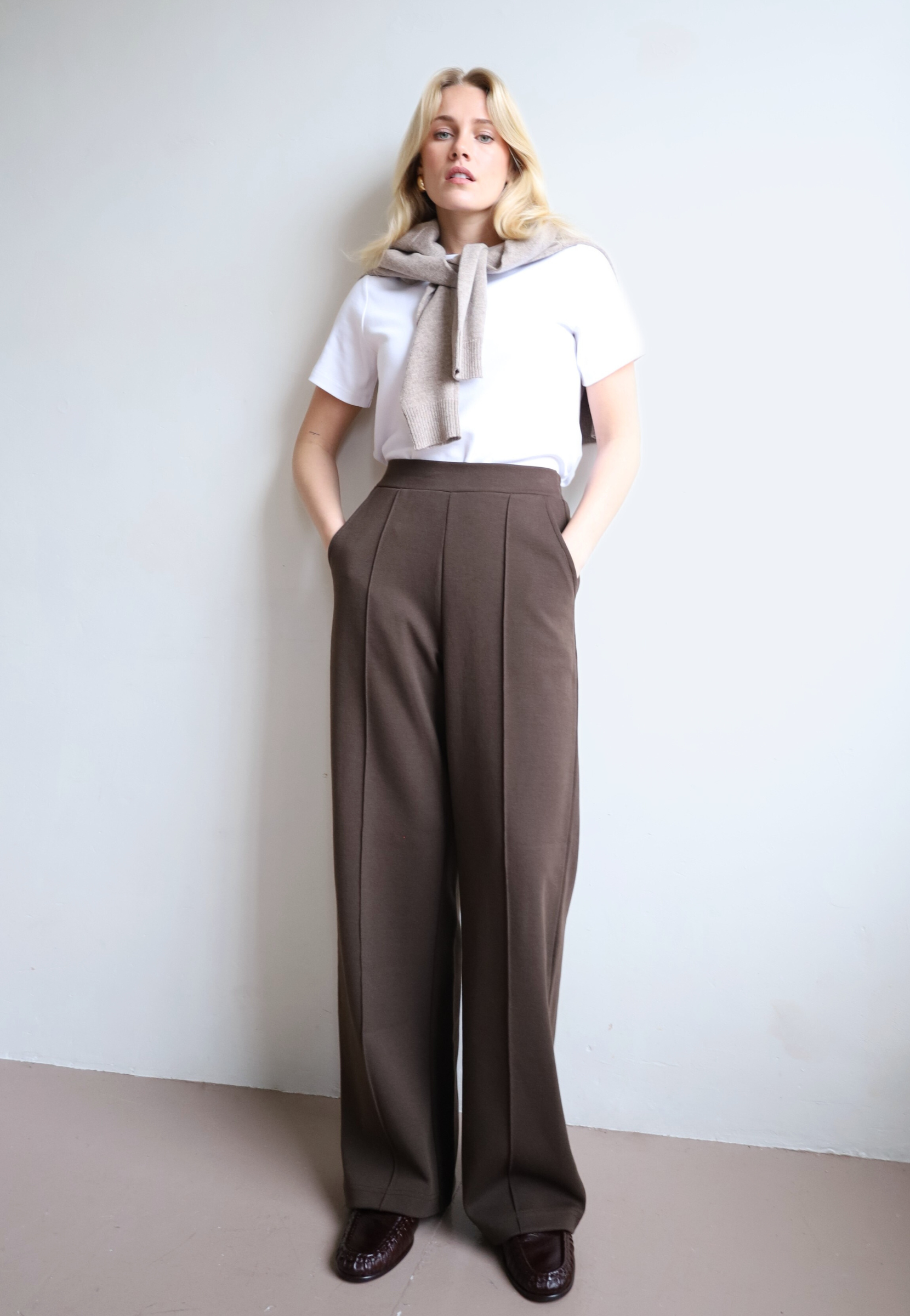 organic cotton wide-leg trouser, brown, front 