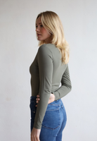 Organic cotton long sleeve v-neck bodysuit olive green, back 