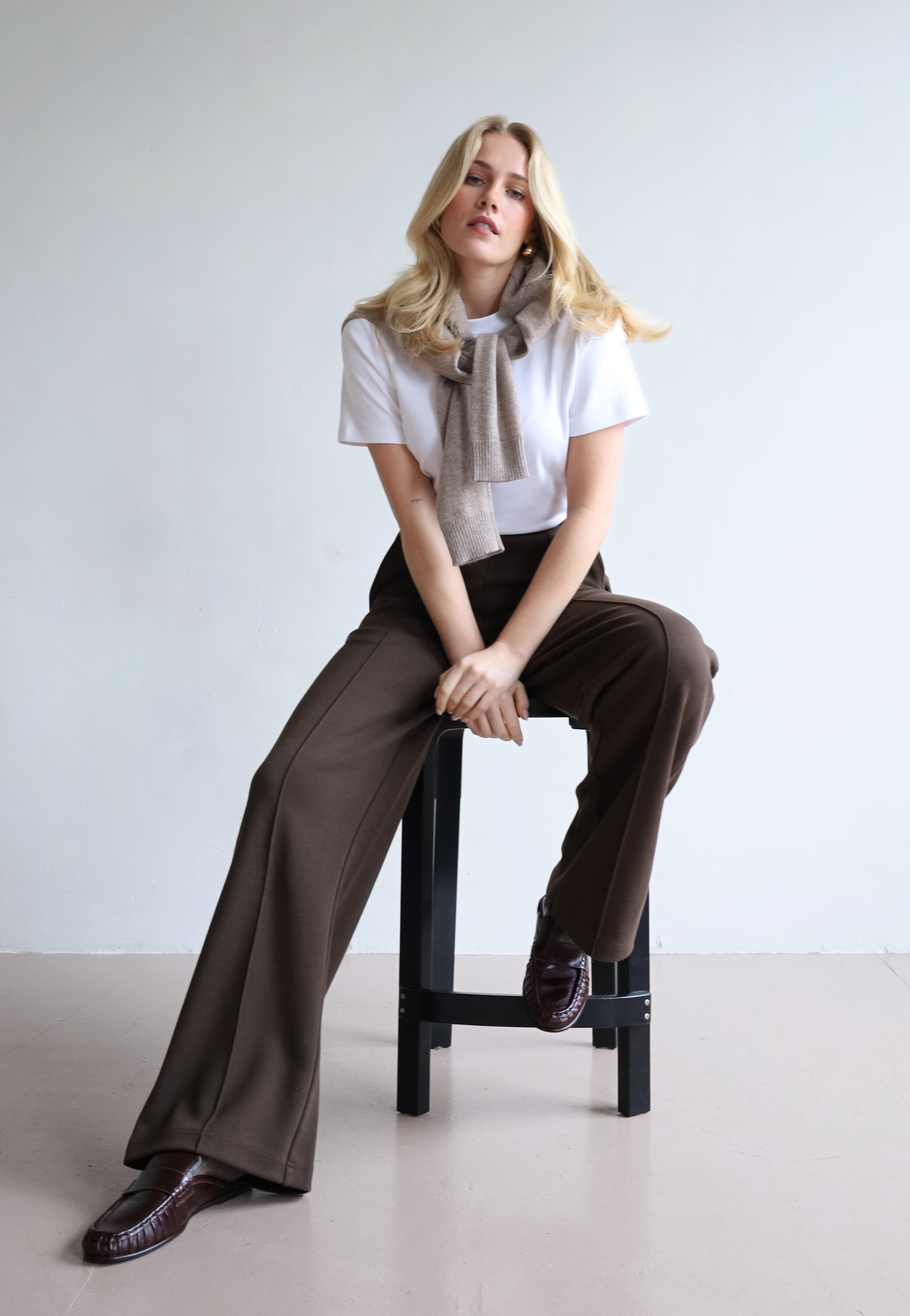 organic cotton wide-leg trouser, brown, front