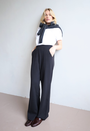 Black organic cotton wide leg trousers, front