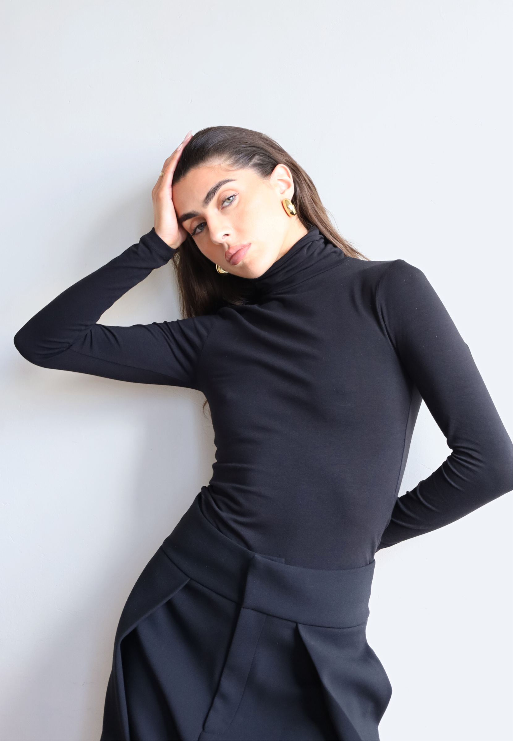 Women's black organic cotton long sleeve roll neck t-shirt - front 