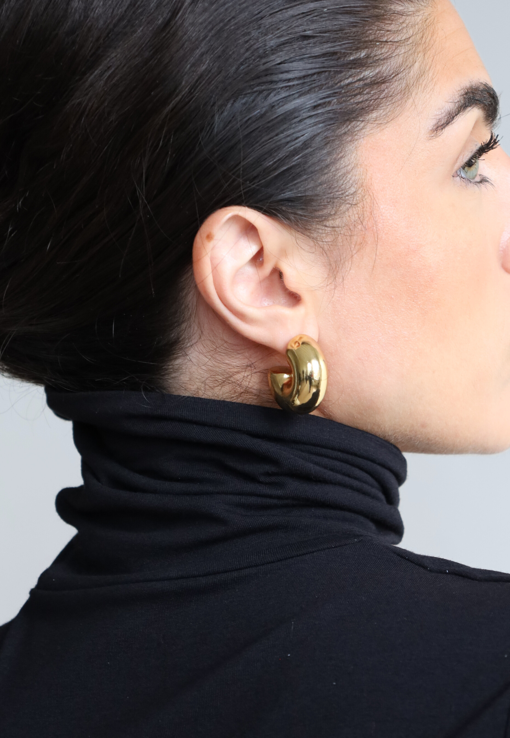 Women's black organic cotton long sleeve roll neck t-shirt - close up 