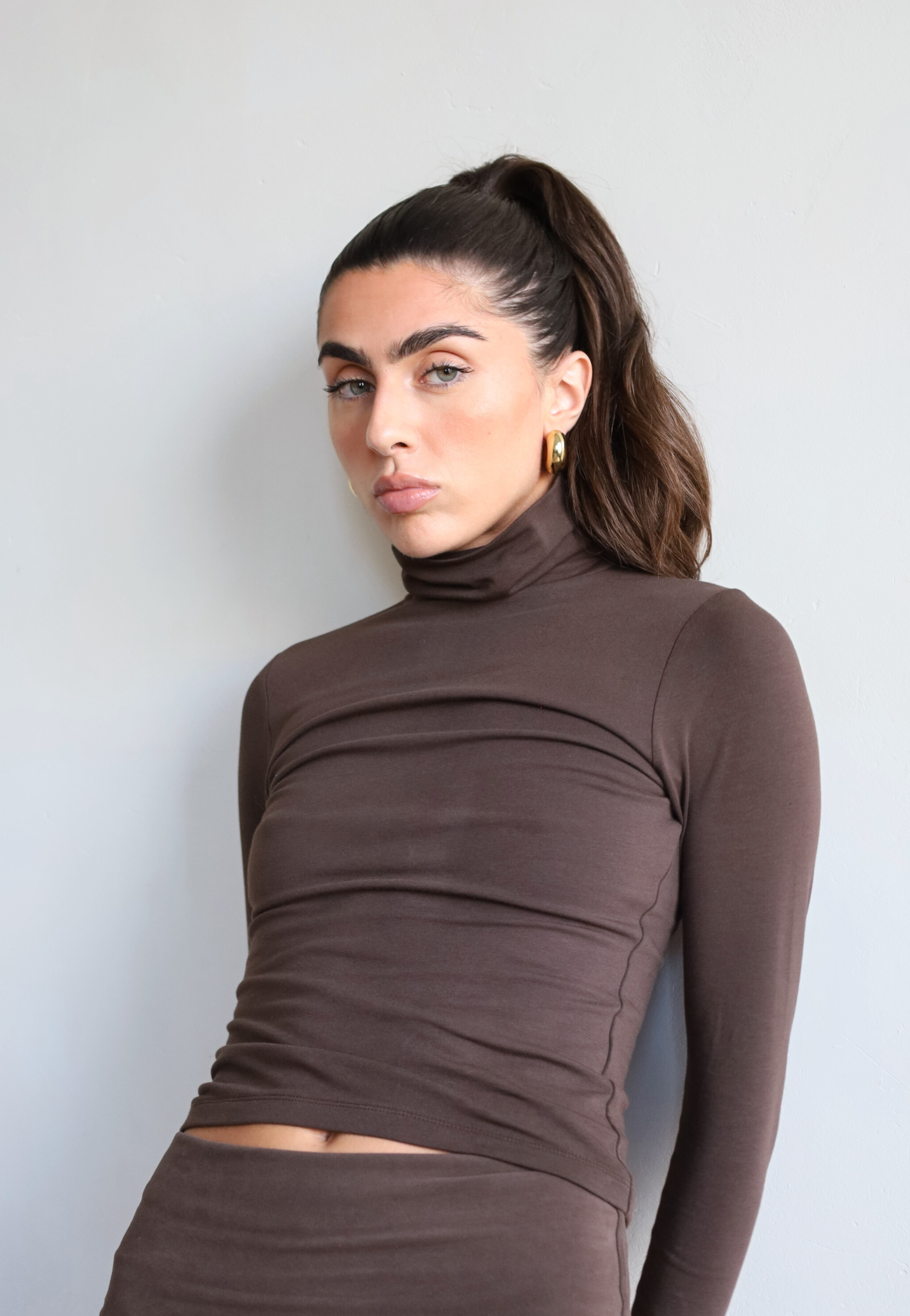 women's brown organic cotton long sleeve roll neck t-shirt - front 