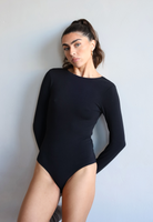 Organic Black cotton Long Sleeve Scoop Back Bodysuit - front