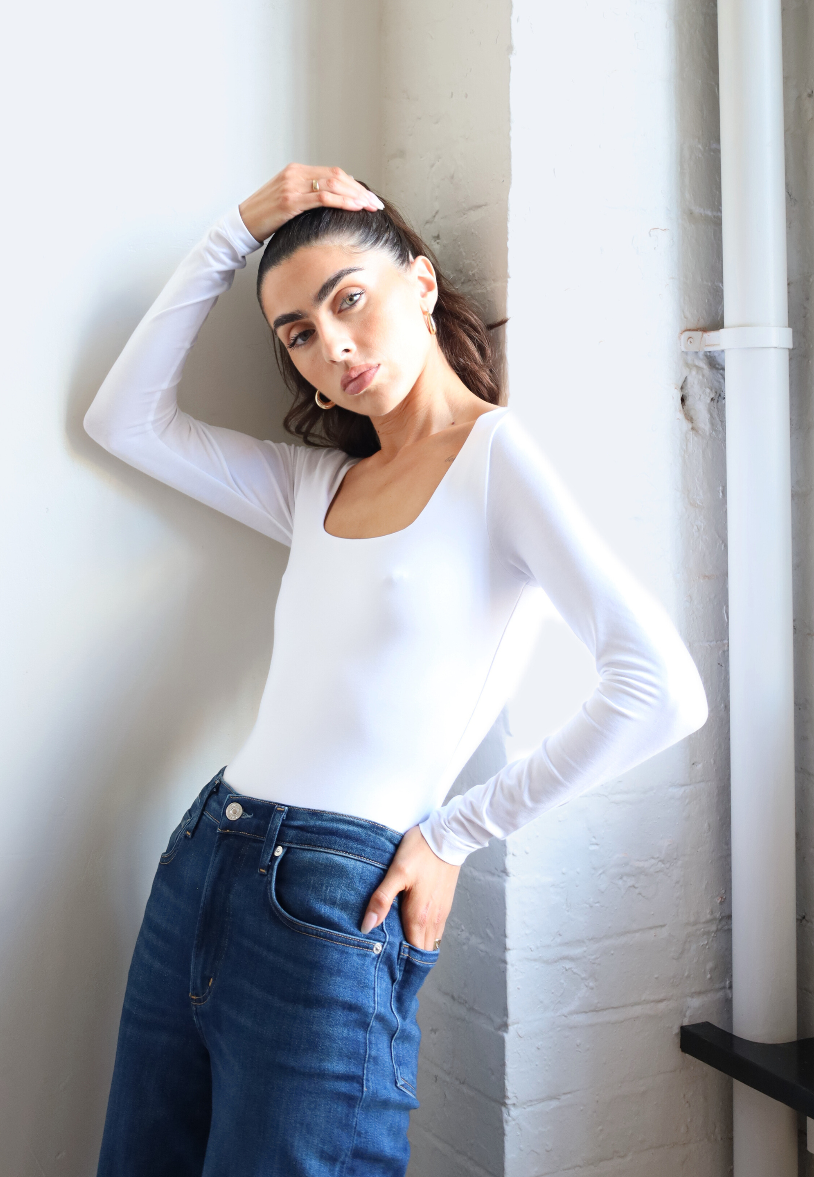 Womens white organic cotton long sleeve square neck t-shirt, front