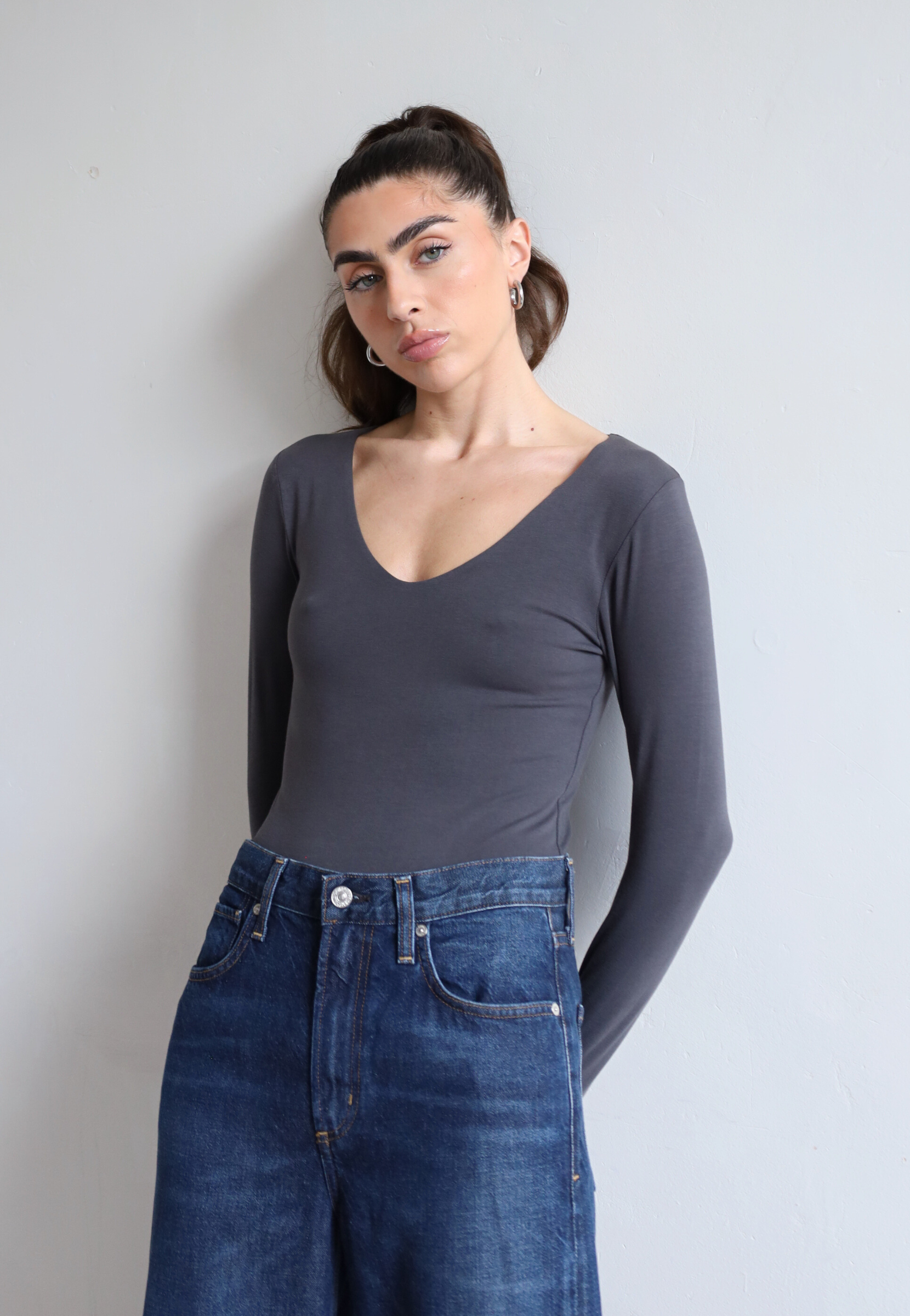 Organic Cotton Long Sleeve V-neck T-shirt, Charcoal