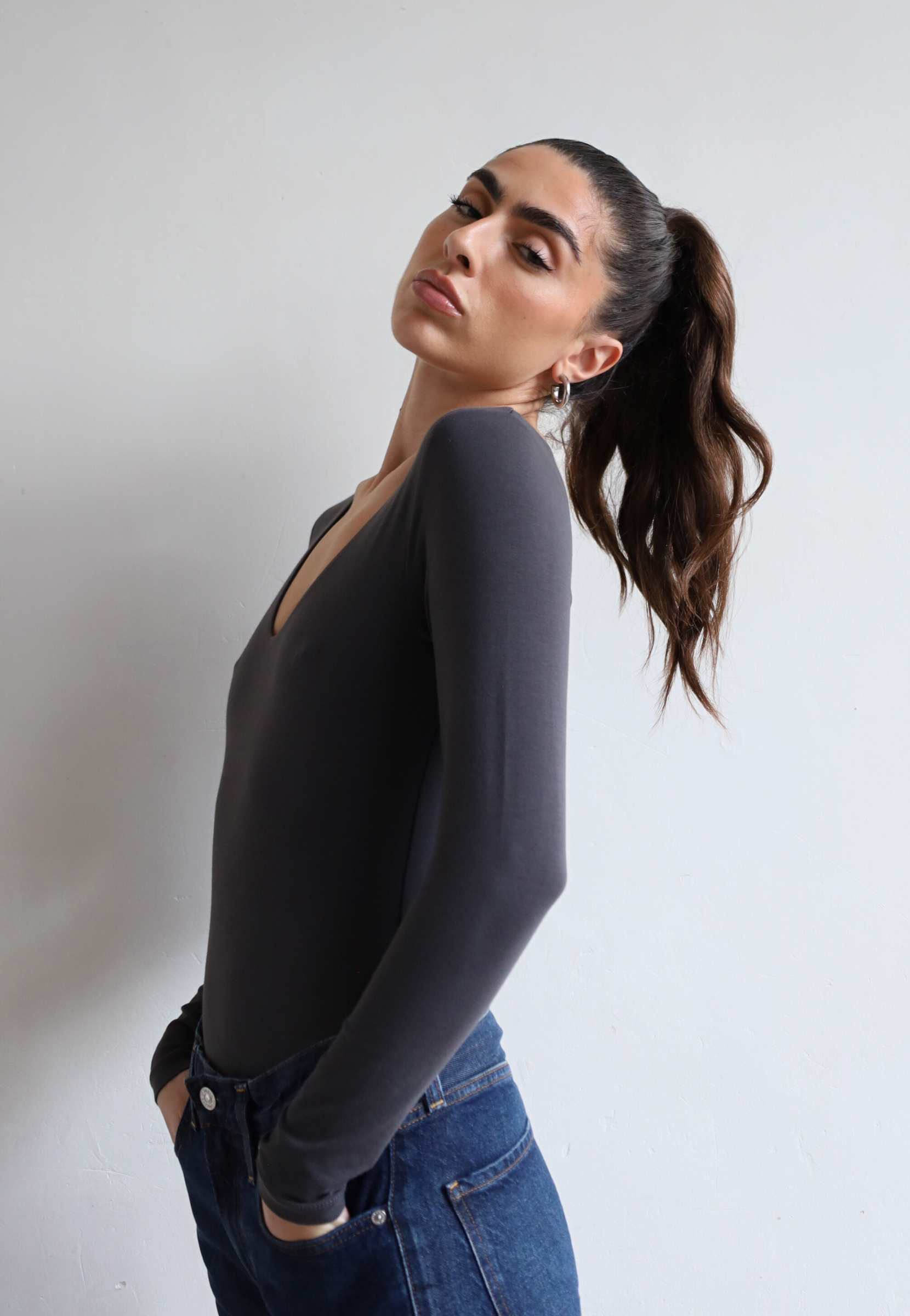 Organic Cotton Long Sleeve V-neck T-shirt, Charcoal