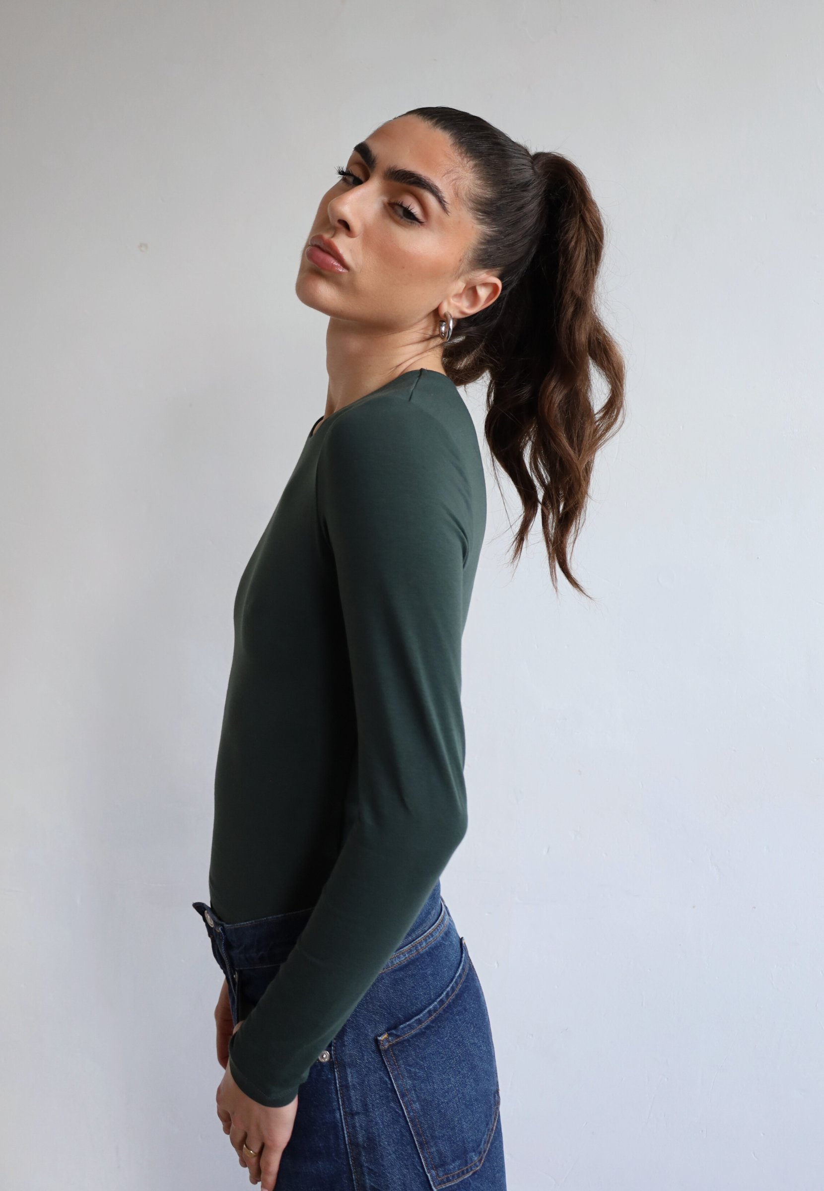 Organic Cotton Long Sleeve Crew Neck Green T-shirt