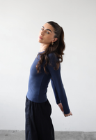 organic cotton long sleeve crew neck t-shirt, navy blue, side