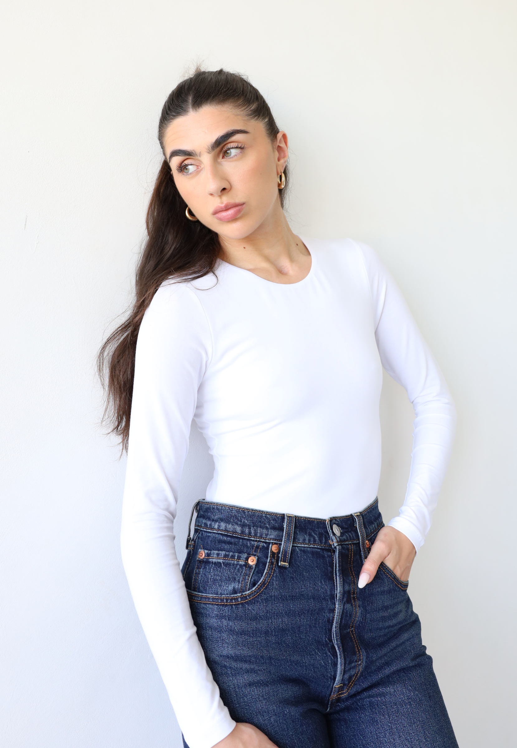 organic cotton crew neck long sleeve t-shirt, white, front