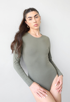 Organic cotton crew-neck bodysuit, olive green, front