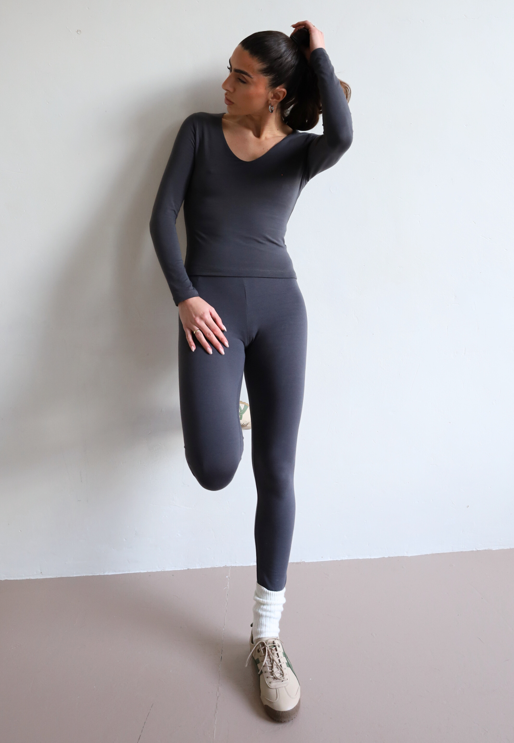Organic Cotton Charcoal Grey Wrap waist Leggings, Front