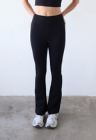 Organic cotton black flared leggings, front 
