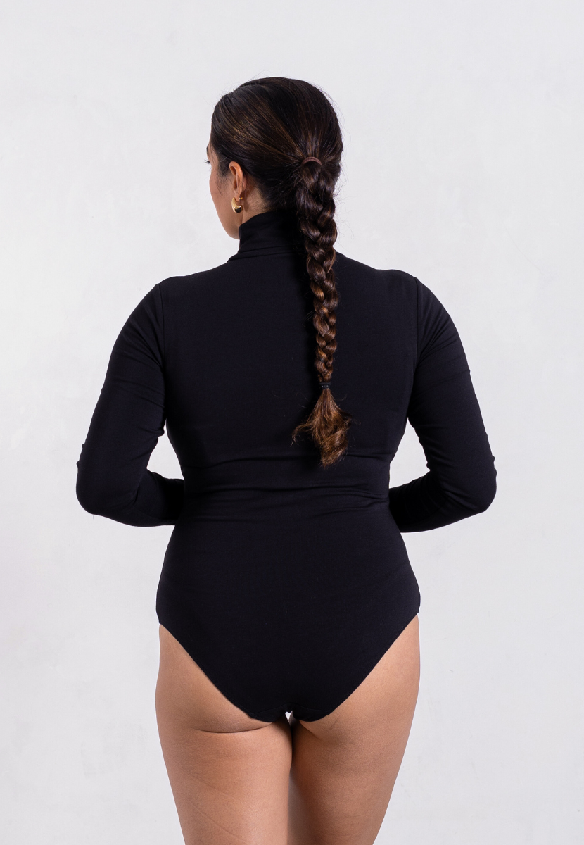 back of black organic cotton roll neck long sleeve bodysuit
