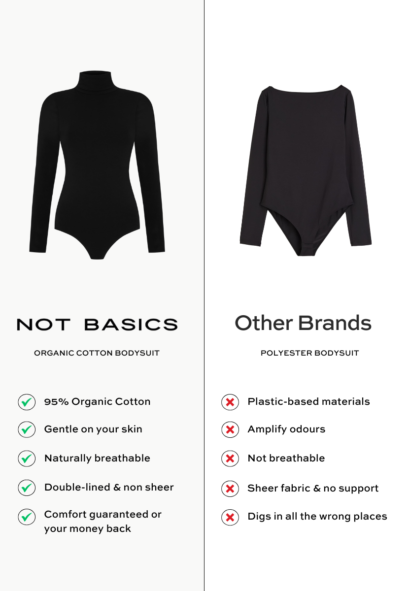 black organic cotton roll neck long sleeve bodysuit comparison
