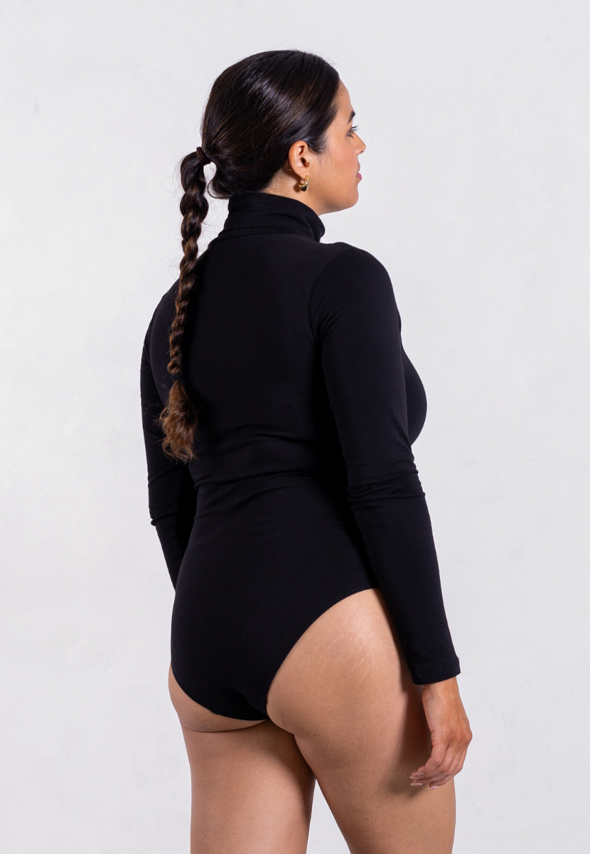 back of black organic cotton roll neck long sleeve bodysuit