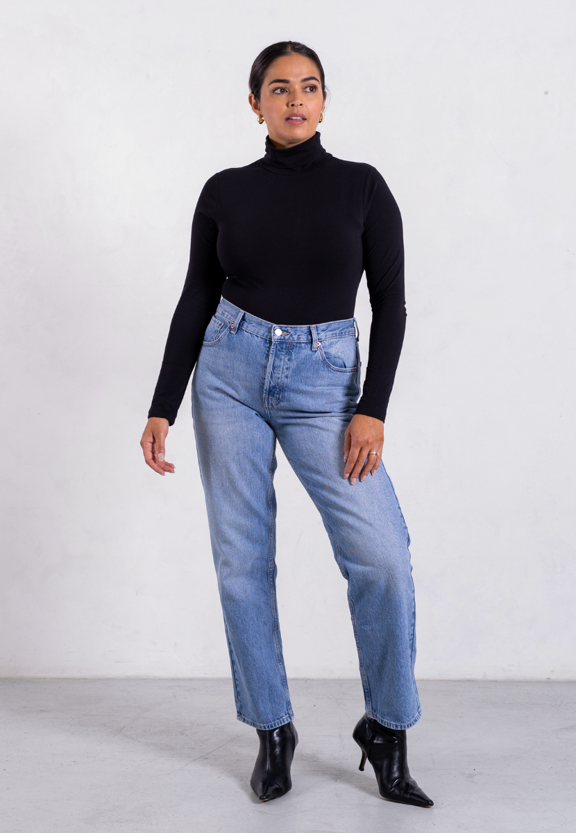styled image of black organic cotton roll neck long sleeve bodysuit