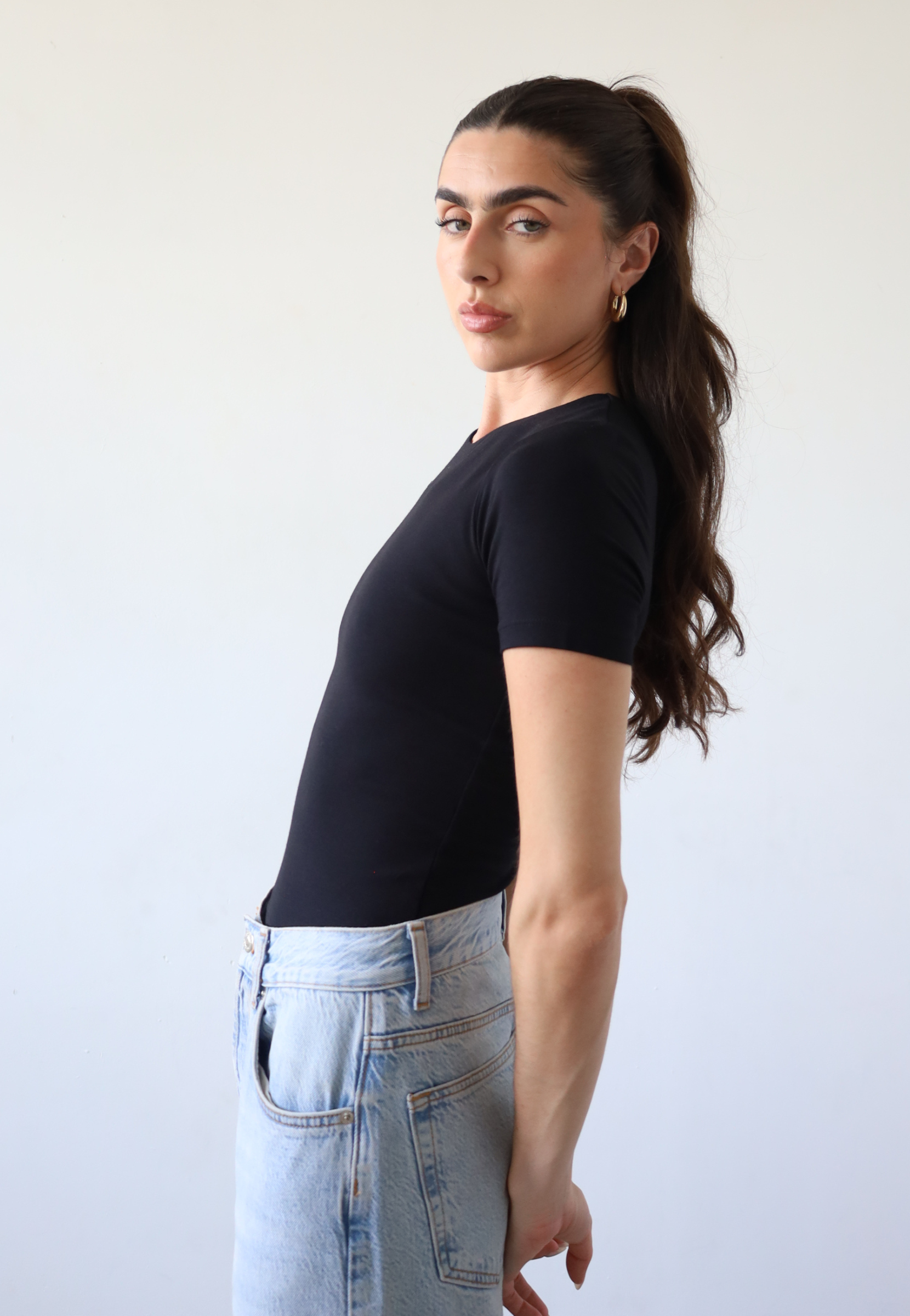 Organic cotton black crew neck short sleeve t-shirt, side 