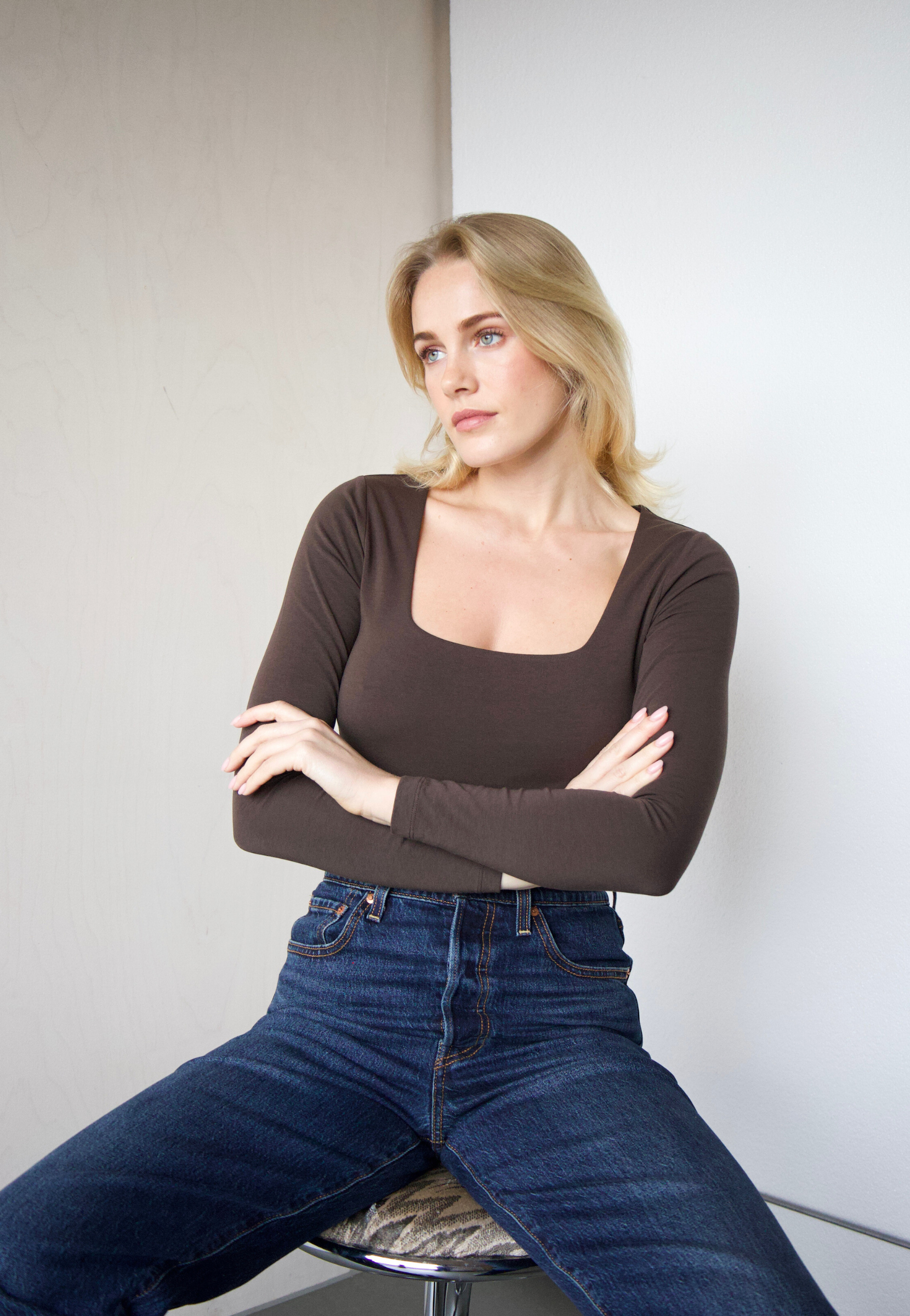 Organic cotton square-neck long sleeve T-shirt, Brown, front