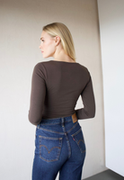 Organic cotton square-neck long sleeve T-shirt, Brown, back