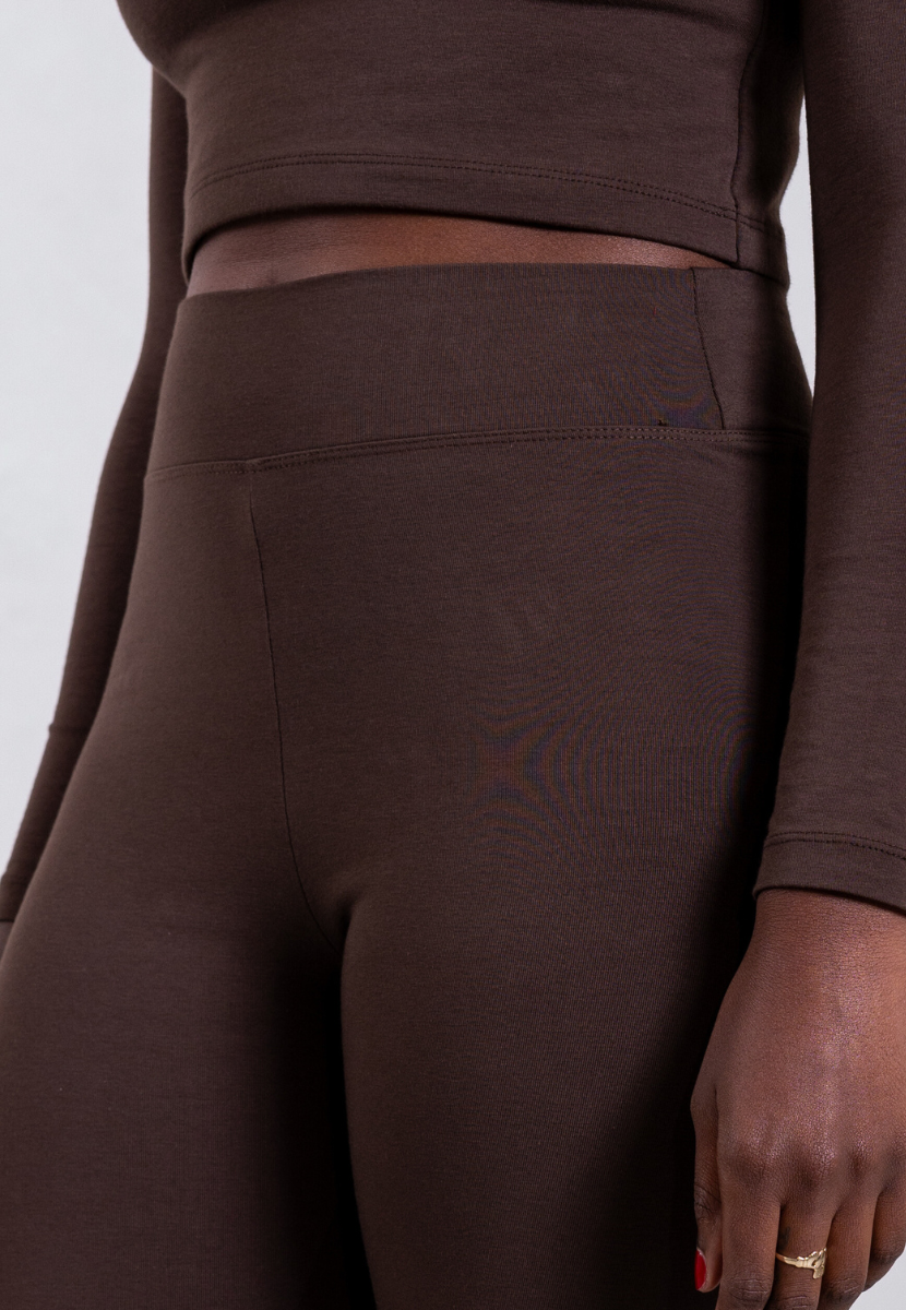 close up of brown organic cotton flared leggings