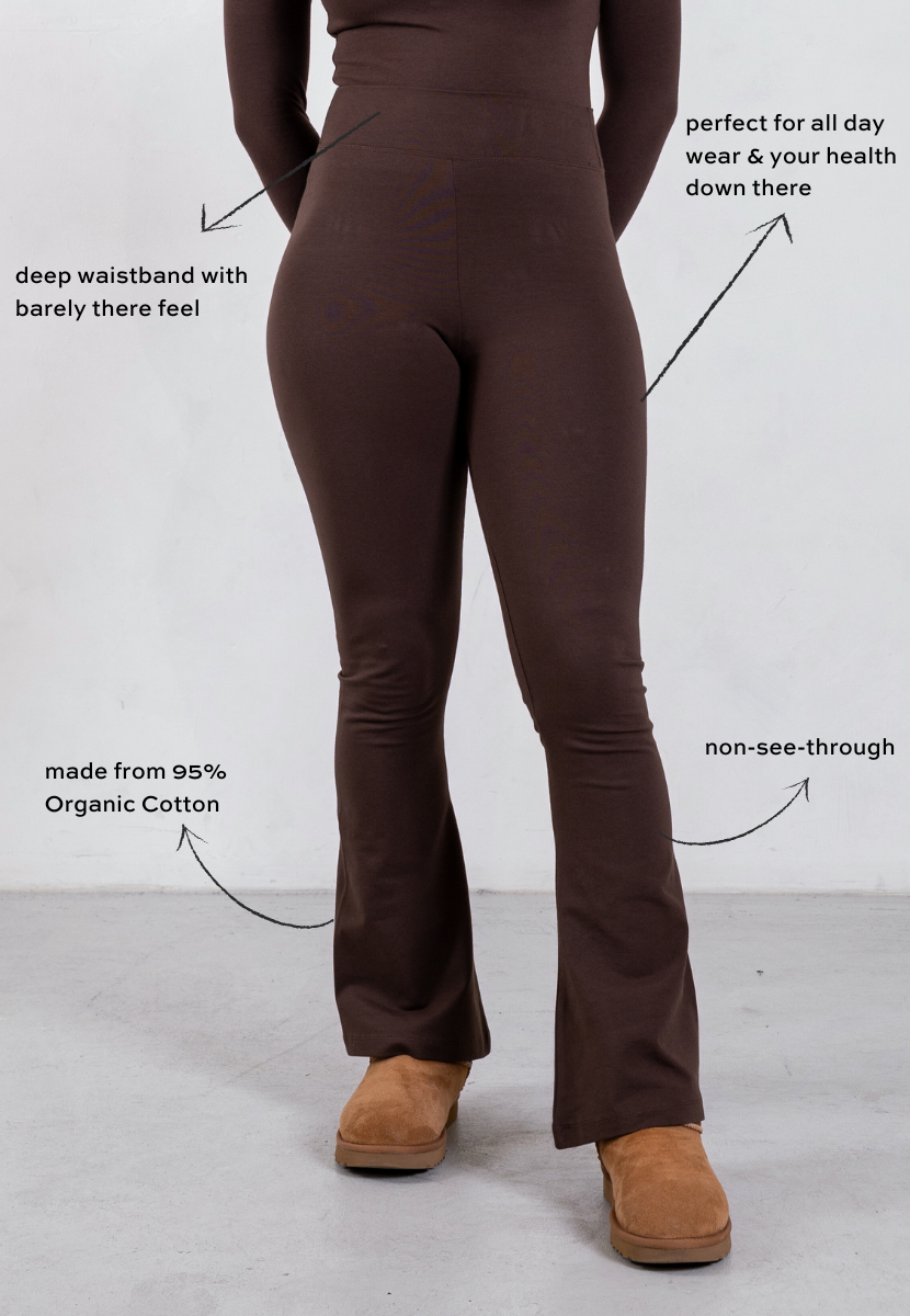 front of brown organic cotton flared leggings
