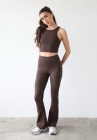 Organic cotton flared dark brown leggings, front