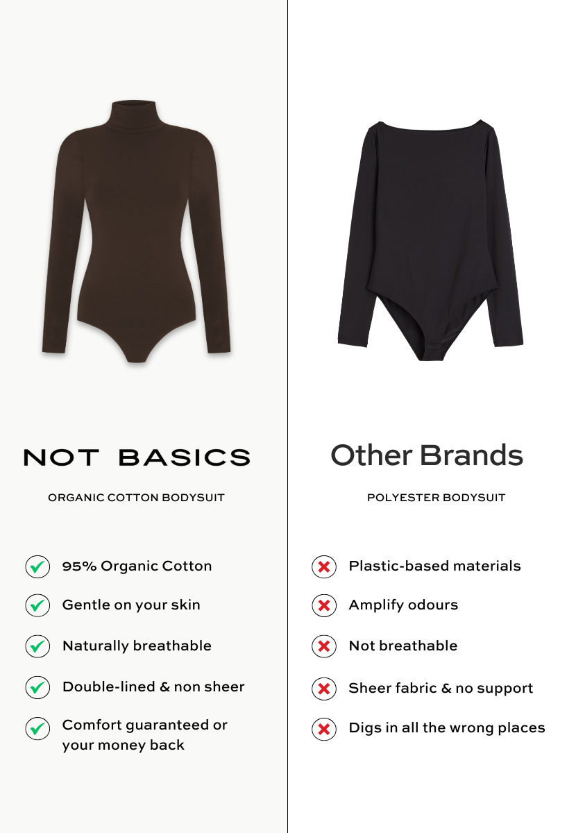 brown organic cotton roll neck long sleeve bodysuit comparison