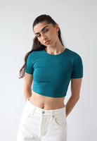 Organic cotton cropped teal crew neck t-shirt, front