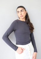 organic cotton long sleeve boat neck top, charcoal grey, front