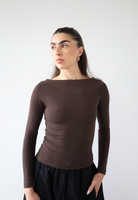 Organic cotton long sleeve boat-neck t-shirt, dark brown, front