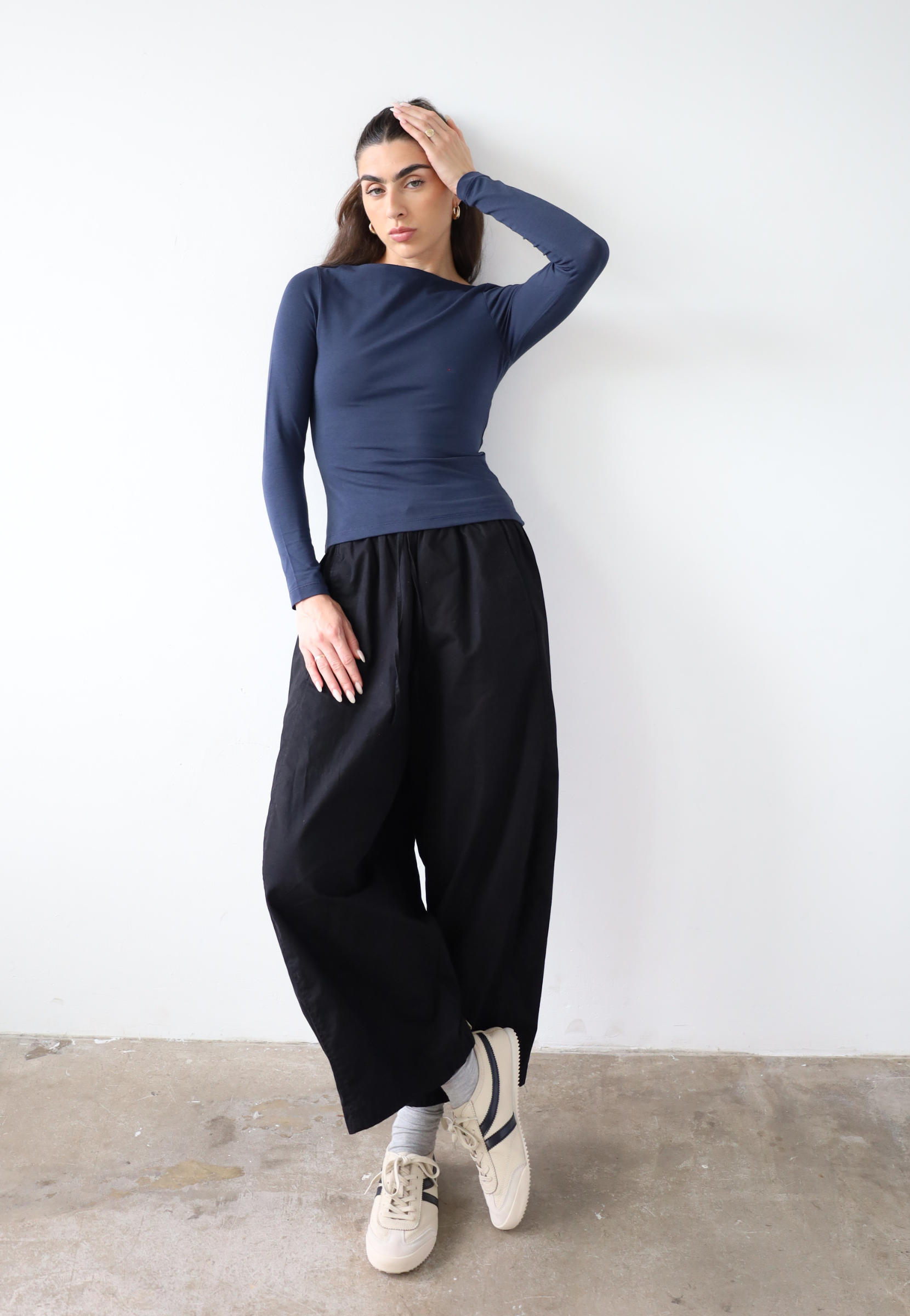 organic cotton long sleeve boat-neck t-shirt, navy blue, front