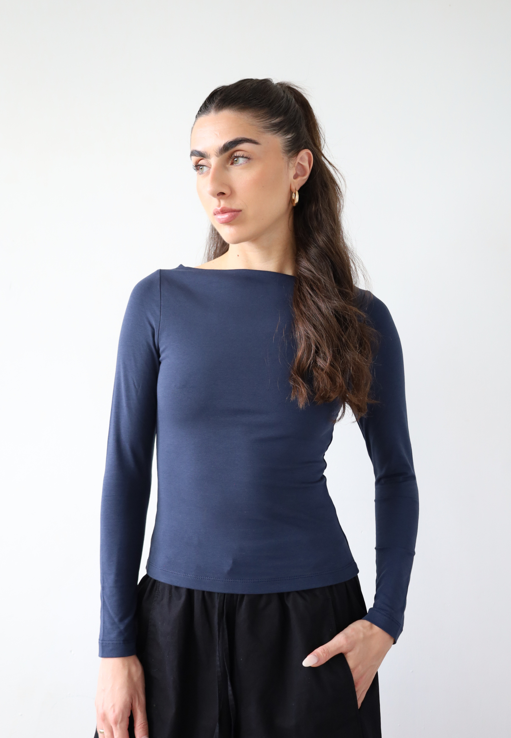 organic cotton long sleeve boat-neck t-shirt, navy blue, front