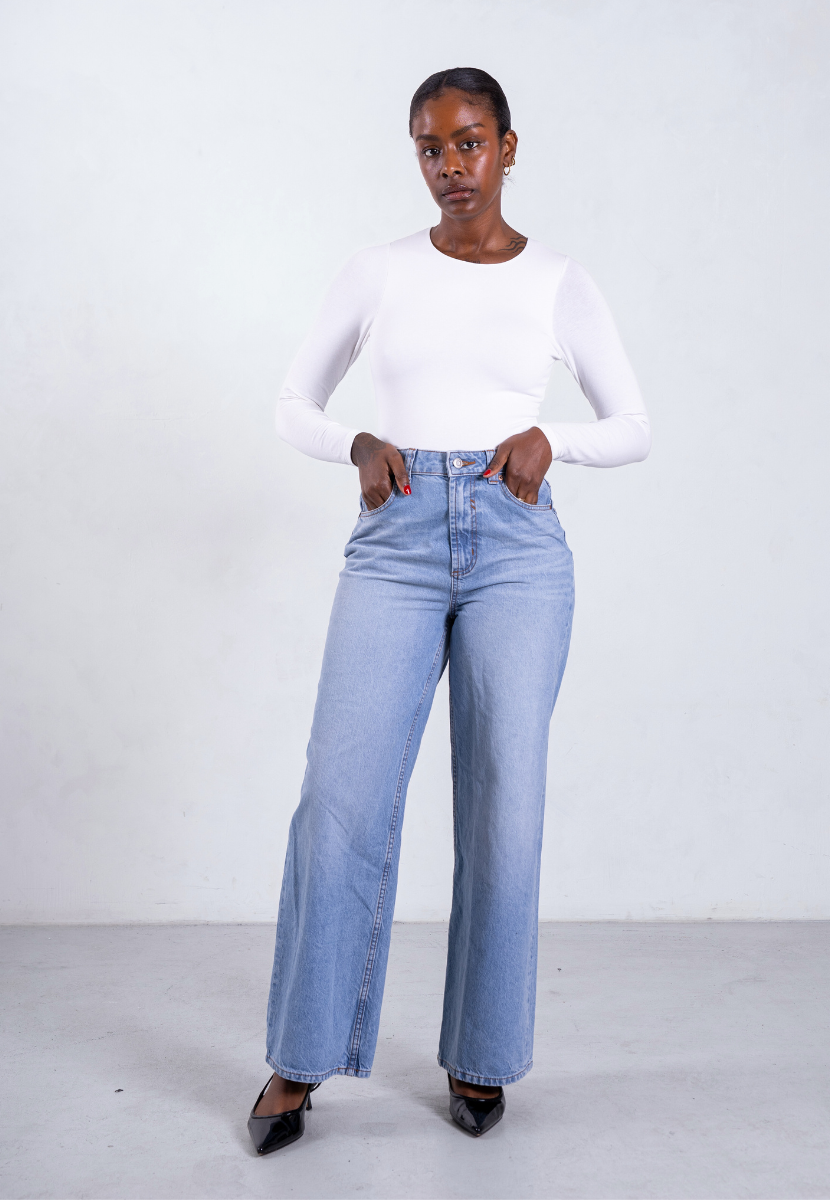 white high neck long sleeve bodysuit