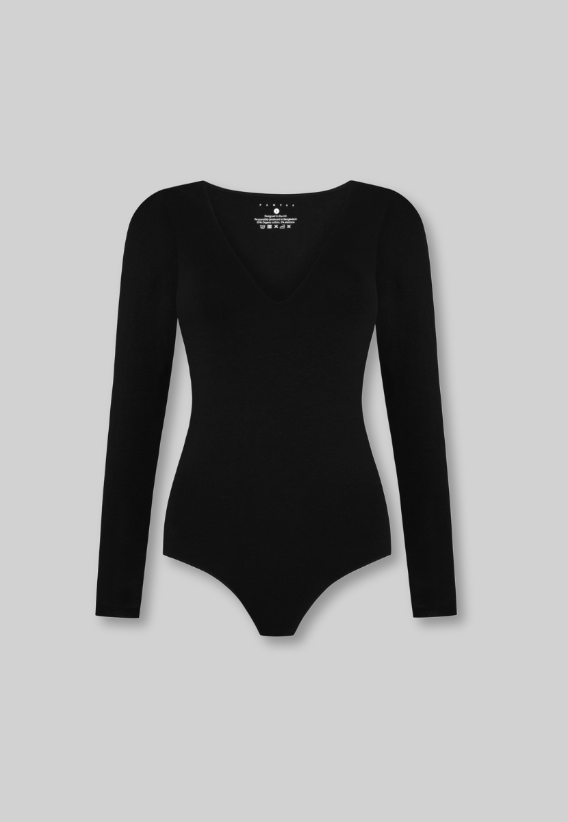 cutout of black organic cotton v-neck long sleeve bodysuit